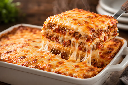 Realistic Italian beef lasagna with melted cheese pull being served from baking dish