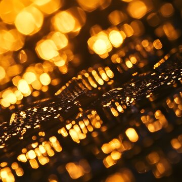 Abstract macro of a dark textured insect surface illuminated by glowing golden bokeh, creating a warm, luxurious, cinematic background with dramatic depth of field