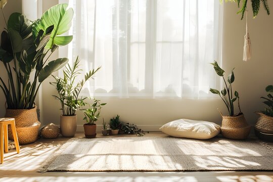 Bright biophilic interior with lush tropical houseplants, natural sunlight, sheer curtains and a neutral rug, creating a peaceful minimalist wellness space for relaxation