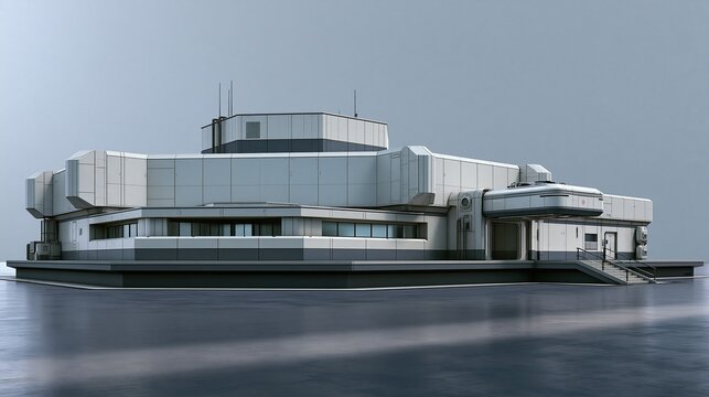 Modern futuristic brutalist military or research base building with gray paneled exterior sits on calm reflective water under clear light gray sky shows contemporary futuristic architecture