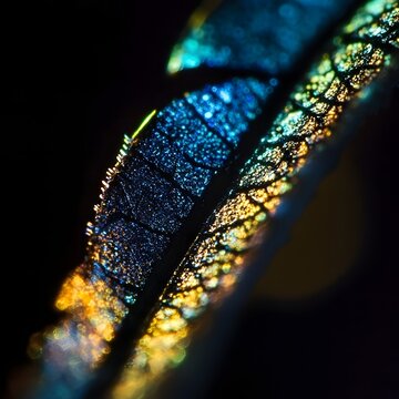 Extreme macro of an iridescent insect wing with vivid blue, cyan and gold scales, dramatic lighting, intricate texture and dreamy bokeh on a dark background