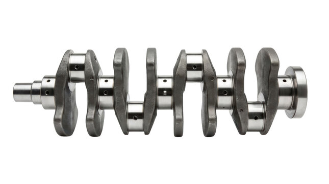 Detailed steel internal combustion engine crankshaft mechanism with polished journal surfaces isolated on transparent background for parts.