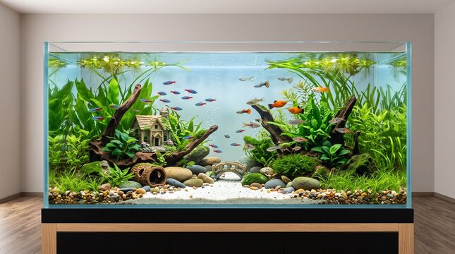 Modern freshwater aquascape with tropical fish, lush green planted aquarium, professional home fish tank interior design
