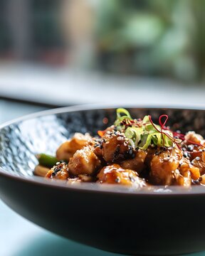 Glazed Asian chicken with sesame, scallions and chili in a black bowl, captured close-up for restaurant menus, food delivery, recipes, dinner and appetizing culinary concepts