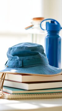 Sonnenhut, Trinkflasche und B&uuml;cher f&uuml;r einen heissen Schulstart