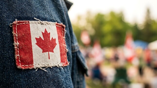 Canadian flag patch sewn on blue denim jacket at outdoor event
