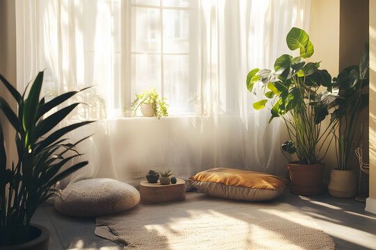 Sunlit cozy interior with lush houseplants, soft cushions, neutral decor and sheer curtains, creating a warm minimalist space for relaxation, wellness and meditation