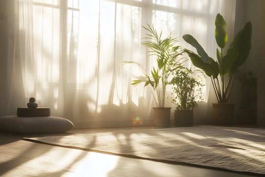 Sunlit minimalist wellness interior with tropical houseplants, sheer curtains, neutral rug and meditation cushion, creating a serene biophilic space for relaxation and mindfulness
