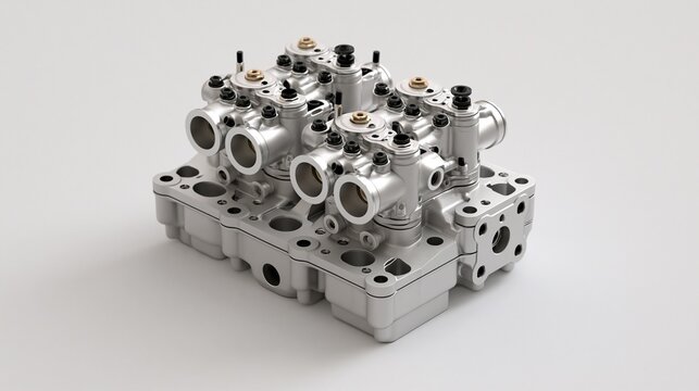 Precision machined silver aluminum hydraulic engine component with multiple valves against plain light gray background shows industrial mechanical engineering