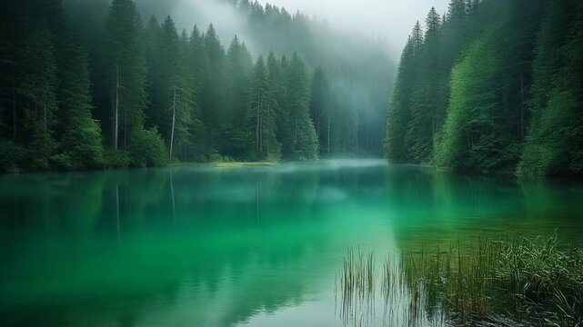 Misty Evergreen Forest Lake 4K Generative AI
