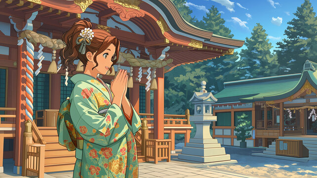 参拝と和装をテーマにした神社の人物イラスト