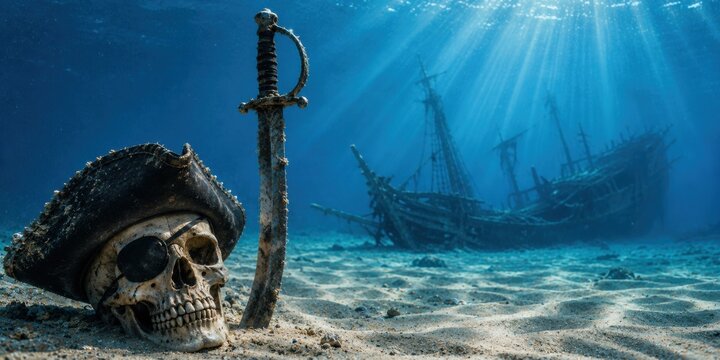 Pirate skull with an old hat and sword resting on the ocean floor near a sunken pirate ship, underwater treasure, maritime mystery and adventure concept