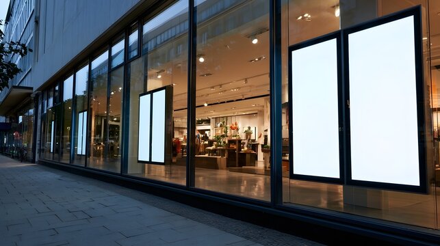 Modern glass fronted store with illuminated blank display panels and warm interior lighting at dusk