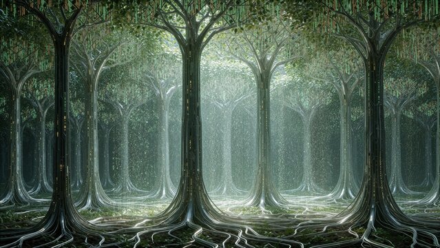 Futuristic Cybernetic Forest with Metallic Trees and Digital Data Streams in a Surreal Environment