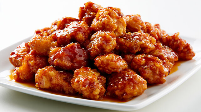 Crispy orange chicken pieces piled on a white plate