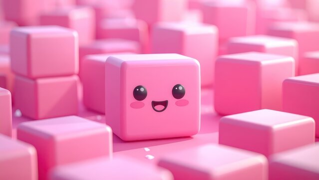 Cute pink 3D cubes with smiling character face
