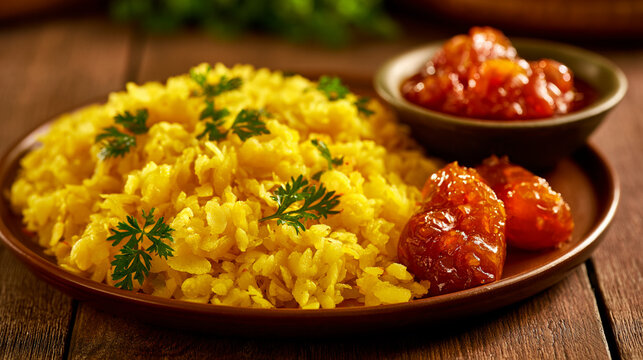 Indian poha with sweet chutney on wooden table