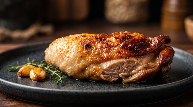 Close study of golden chicken skin and Maillard texture