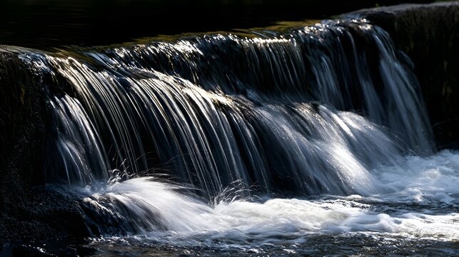 Water cascades over dark rocks in a narrow stream under low sunlight creating shimmering reflections and white froth below