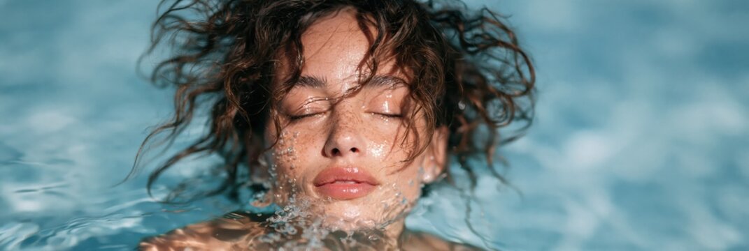Wide banner of a woman floating face up in pool water with closed eyes and wet curls for panoramic website header and banner design
