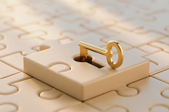 Golden key resting on a beige puzzle piece over matching jigsaw background for solution concept and business strategy banner or poster