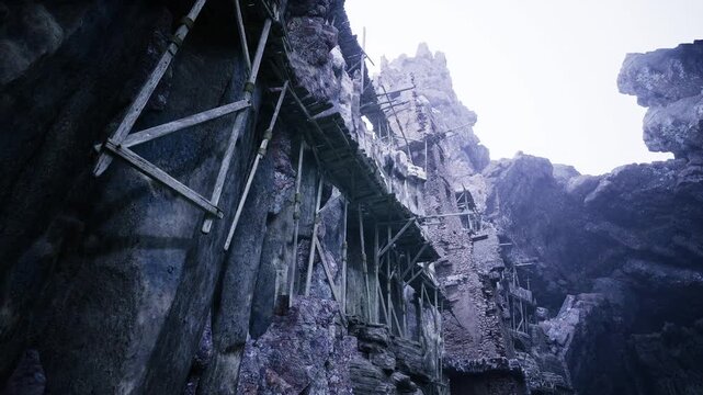 Rusted scaffold through morning fog, aged platform on steep rock under pale dawn light, detail of corroded bolts and reinforcement, narrative of inspection