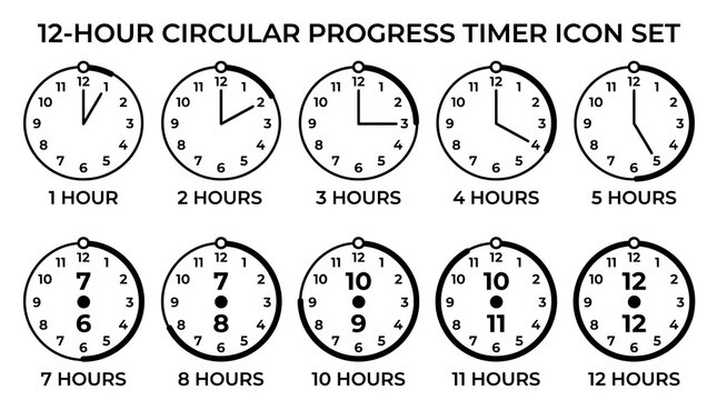 Twelve Hour Circular Progress Timer Icon Collection for Time Management.