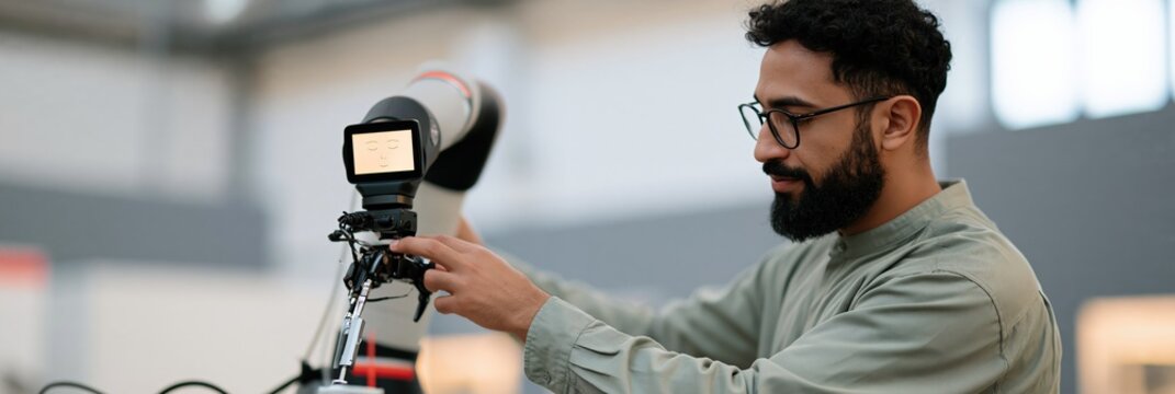 Technician adjusting a camera mounted on a telescope rig in a lab for equipment testing background and technology banner design