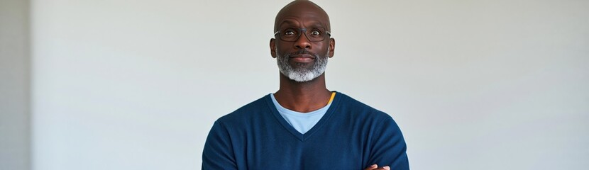 Fototapeta premium Reserved middle aged man with gray beard and glasses wearing blue sweater on neutral background for headshot background and professional profile banner