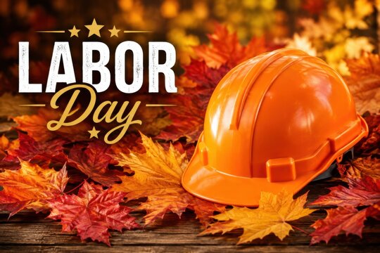 Labor Day celebration concept featuring an orange hard hat surrounded by colorful autumn leaves with decorative lettering, symbolizing workers, employment and skilled labor