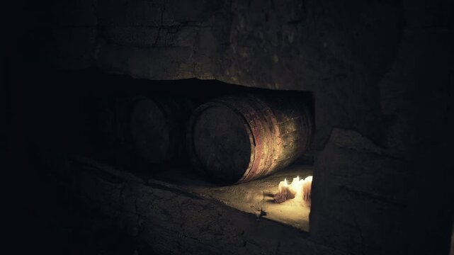 Candlelit shrine niche with wooden casks and dried flowers, soft amber illumination, scented wax pools, solemn atmosphere suggesting private ritual