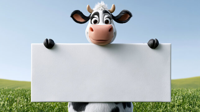 3d cartoon cow holding a blank white sign board with copy space