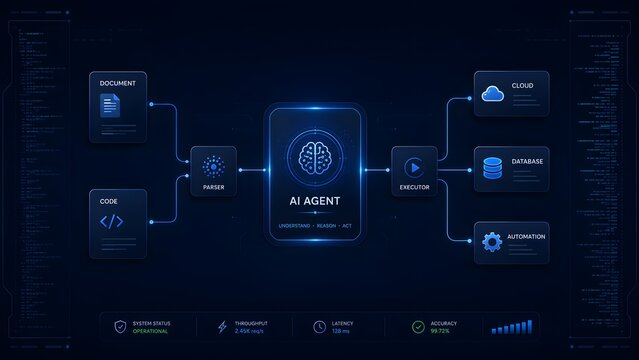 Advanced AI Agent system dashboard with artificial brain icon parsing documents code and executing cloud database automation tasks