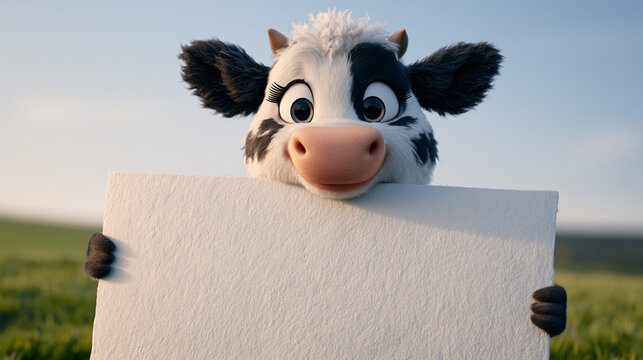 Cute cartoon cow holding a blank sign in a field