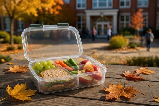 Open reusable lunchbox on a wooden table near a school building in autumn