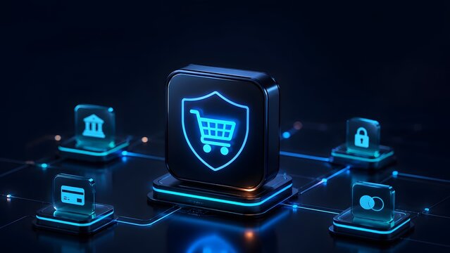 Glowing blue digital shield with shopping cart icon surrounded by secure payment symbols representing safe online shopping and ecommerce cybersecurity