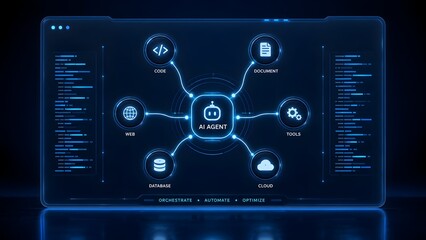 Fototapeta premium AI Agent interface diagram orchestrating, automating, and optimizing tasks across code, documents, web, tools, database, and cloud.