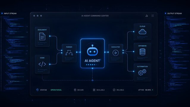 Advanced AI Agent Command Center dashboard illustrating input streams, parsing, execution, and output to cloud and database systems.