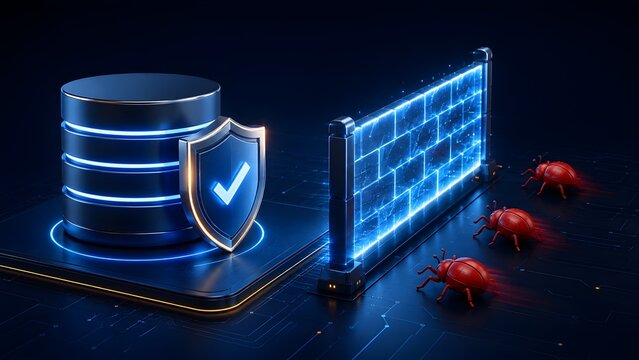 Futuristic database server protected by a glowing blue firewall and security shield blocking red malware bugs in a dark tech environment.
