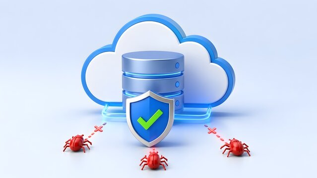 Secure cloud storage database concept with protective shield and checkmark repelling red cyber threat bugs on a clean light blue background.