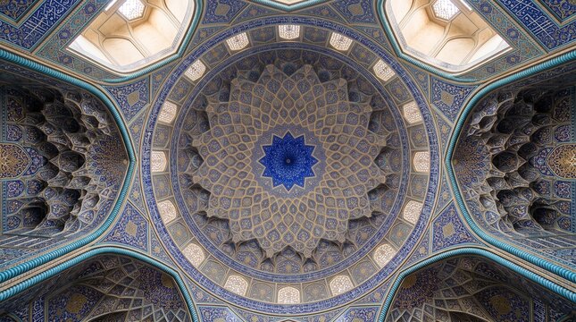 Intricate Geometric Pattern Details Inside a Traditional Persian Mosque Architecture Ceiling