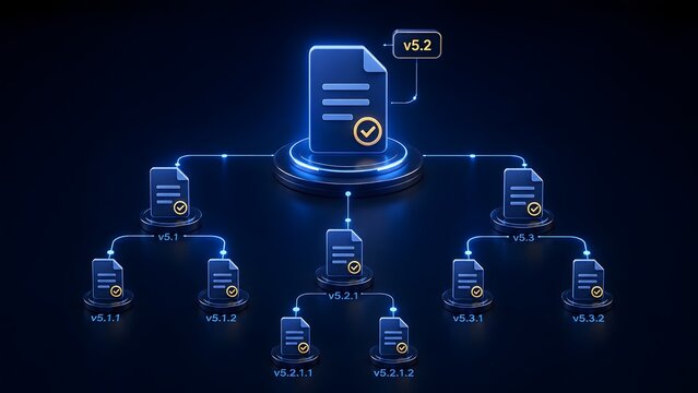 Digital document version control system displaying a hierarchical tree structure of glowing blue approved files with numerical version tags representing data tracking and updates