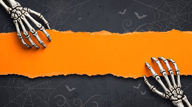 A pair of realistic skeleton hands holding a torn orange paper strip against a dark textured background for a spooky and festive halloween holiday design