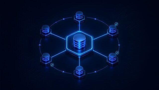 Decentralized database architecture with a central server synchronizing data across a hexagonal network of secure storage nodes in a futuristic cyber environment