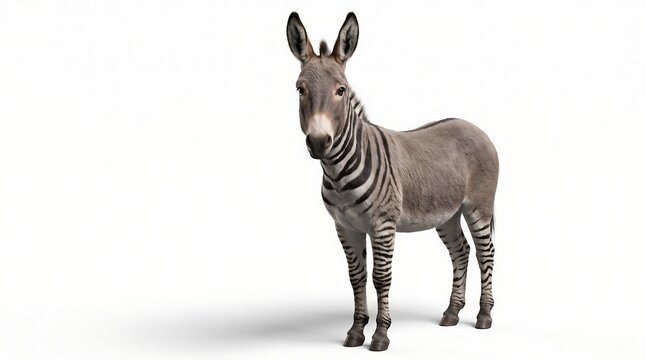 A zonkey hybrid animal standing on a white background.