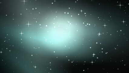 Deep space background, with a glowing, teal nebula, scattered, white stars, and, four-pointed starburst flares, against a dark, gradient sky © Pixel With MH