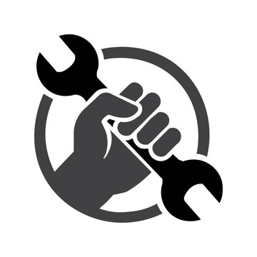 Industrial hand holding a wrench inside a circular emblem representing repair and maintenance with hand tool technical support black and white maintenance service tools hand fix it industrial