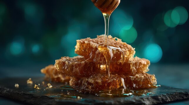 Golden Honey Dripping Over Natural Honeycomb on Dark Background