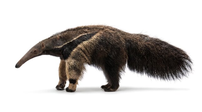 A full body side view of a giant anteater standing on a white background.