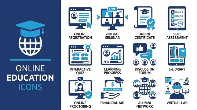 Collection of colorful online education and e-learning icons set on white background.